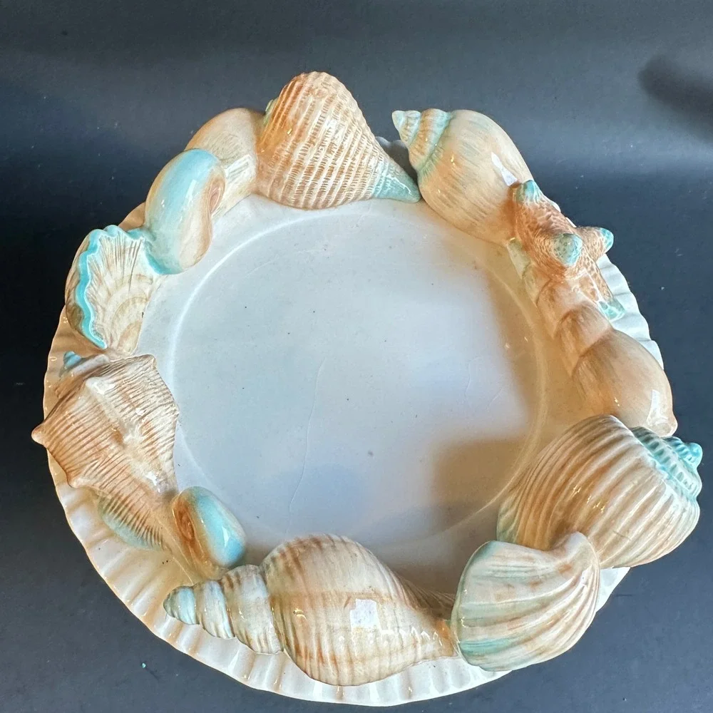 Fitz and Floyd Seashell Compote Footed Bowl Coastal Beach Decor Cream Peach Aqua